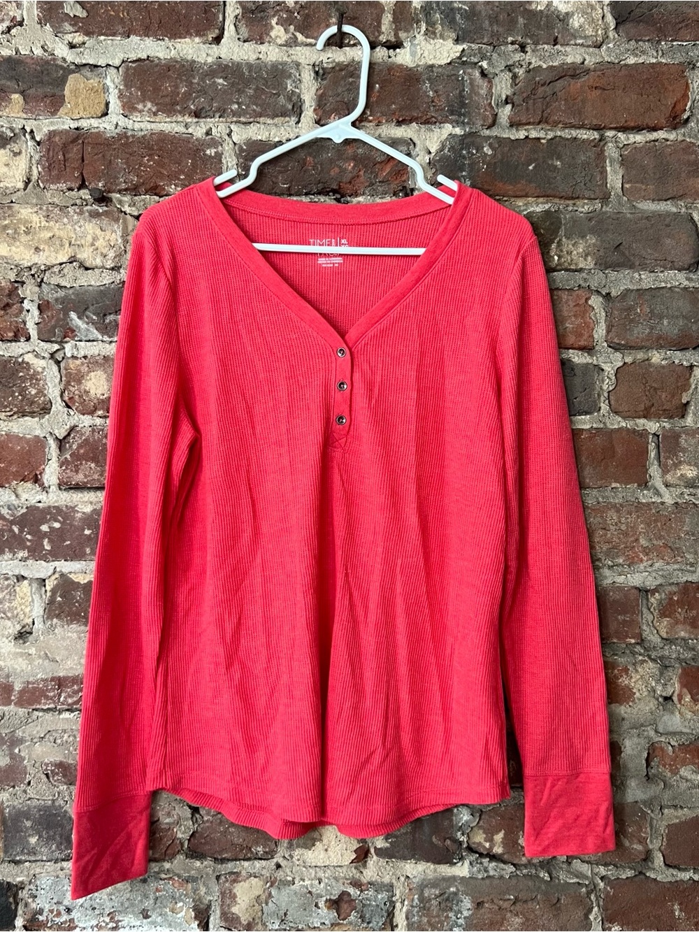 Time and Tru Coral-Red Long Sleeve Henley Top